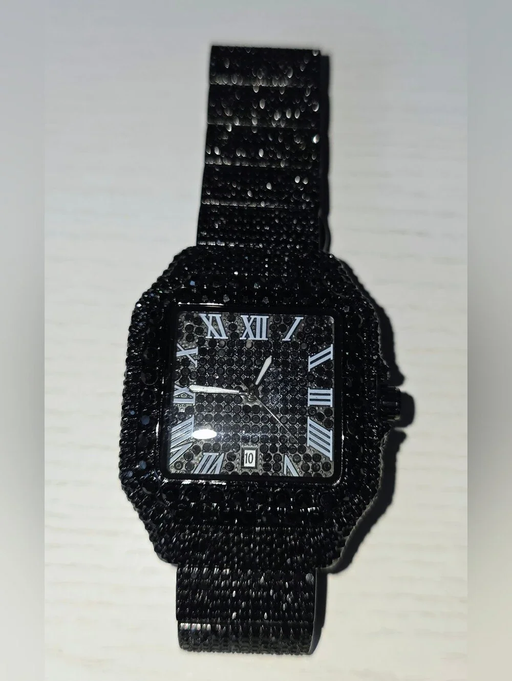 344.  Black Crystal-Embellished Square Face Watch